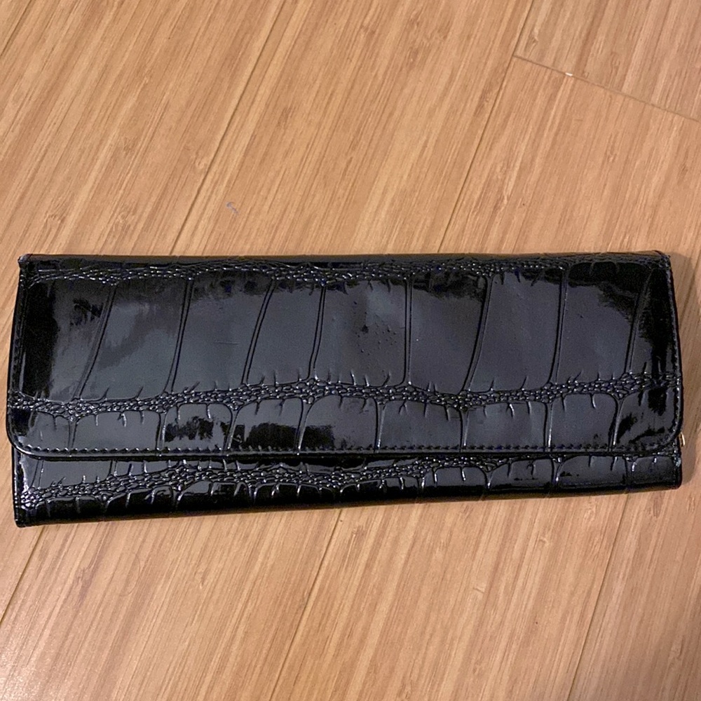 Big Buddha black patent leather crocodile clutch wallet